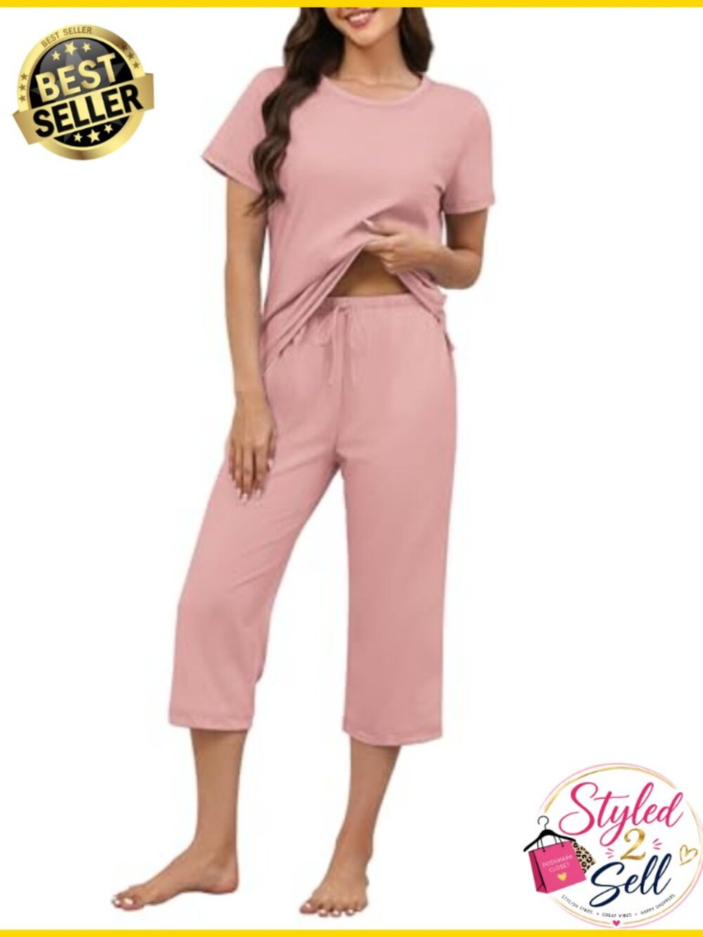 100% Cotton Pajama Set Short Sleeve Capri Lounge Set with Pockets